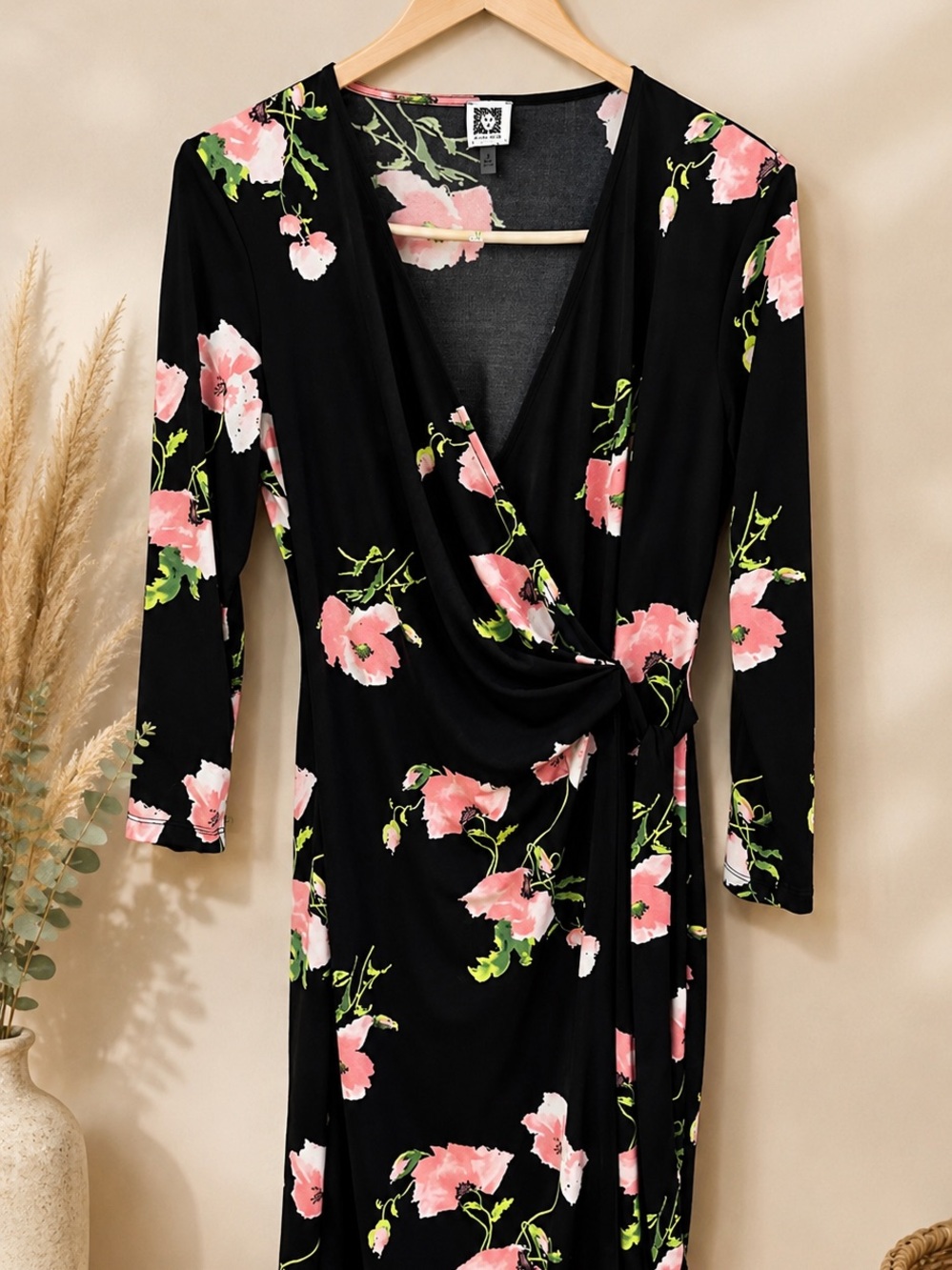 Anne Klein Black Floral Wrap Dress Size M